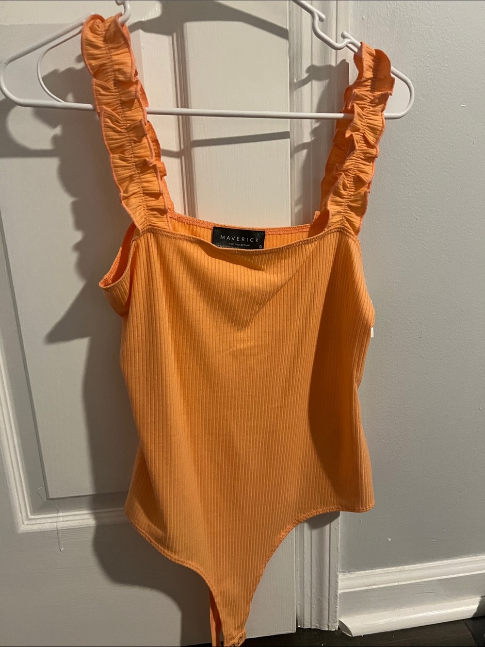 Orange Ribbed Ruffle-Strap Bodysuit